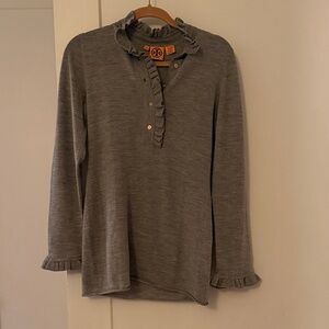 Tory Burch Heather Gray Ruffle Turtleneck Sweater